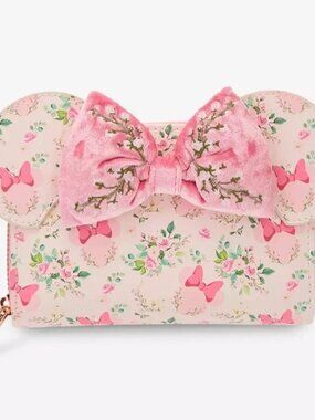 Loungefly Disney Minnie Mouse Floral Wallet Velvet Bow Minnie Heads Pattern New